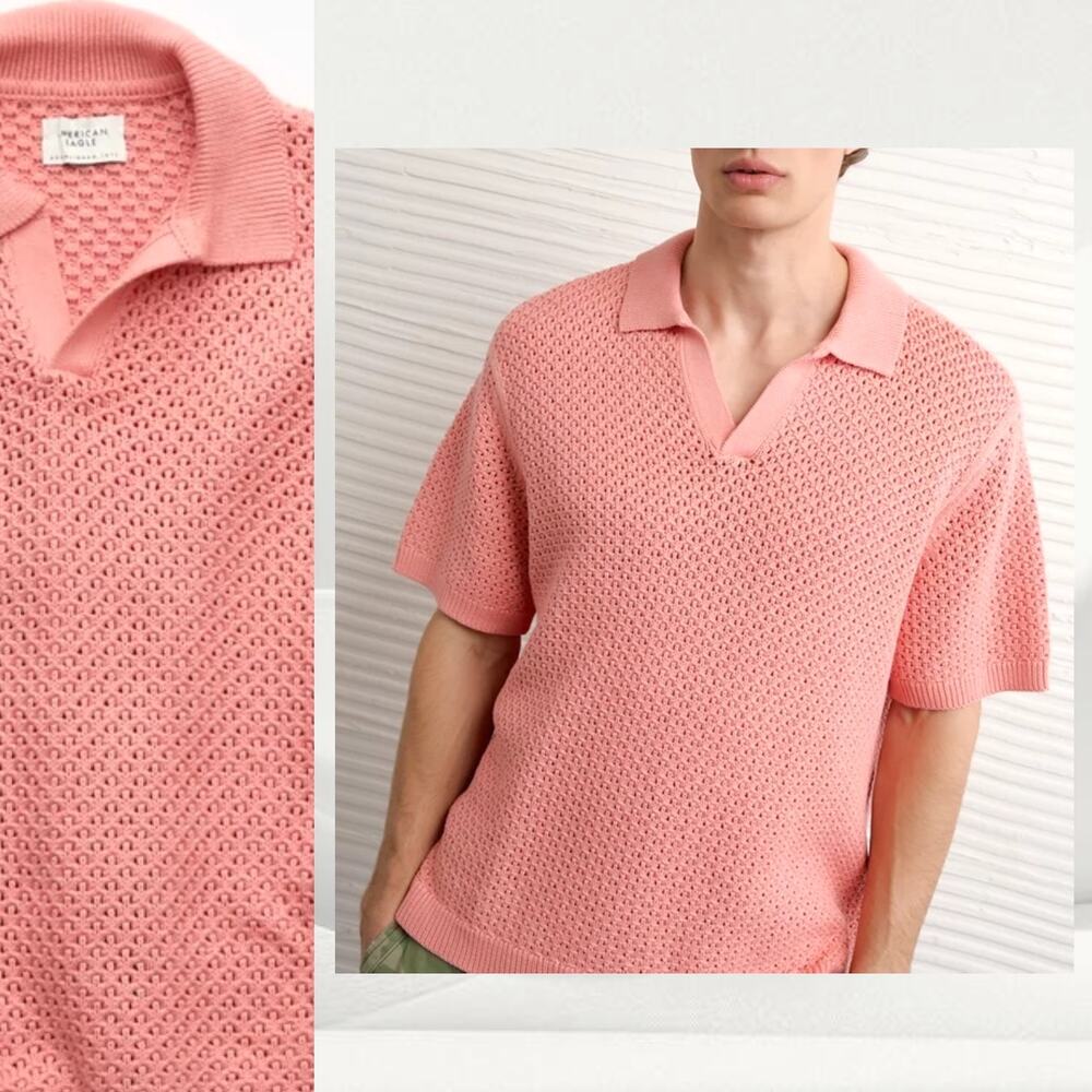 AMERICAN EAGLE Garment Washed Sweater Polo Shirt Crochet Beach Knit Surf Skate